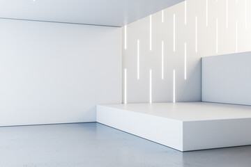 New white concrete interior with podium and linear lamps on wall. 3D Rendering.