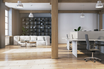 Hardwood trendy warehouse coworking office interior with windows and sunlight, furniture and equipment, wooden columns and other items. 3D Rendering.