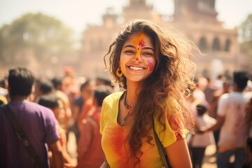 Young Indian woman, enjoying at the Holi festival, covered in colored powders on a crowded street - obrazy, fototapety, plakaty