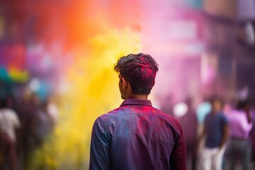 Young Indian man, gazing at a cloud of colored powders on a crowded street during the Holi festival