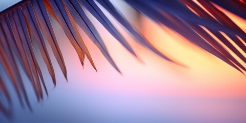 Capture the serene beauty of a blurred sunset over the sea, framed by palm leaves, creating an abstract defocused background perfect for a summer vacation ambiance.