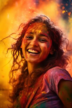 Portrait of a young, smiling woman splattered with colors celebrating the Holi festival.