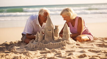 Senior family at the beach building a sandcastle