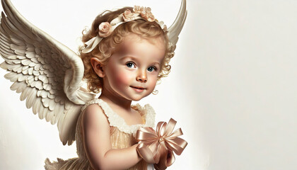 Mała dziewczynka przebrana za aniołka, białe tło - obrazy, fototapety, plakaty