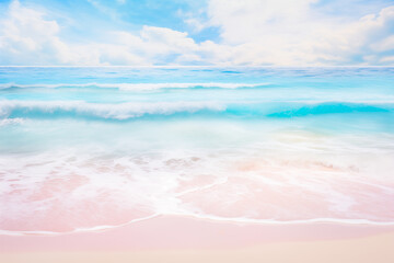 Beautiful soft blue , turquoise and pink ocean wave on fine sandy beach backdrop. Ocean waves water foam texture on pink sand with blue sky. Tropical vacation seascape background banner by Vita - obrazy, fototapety, plakaty