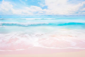 Poster Beautiful soft blue , turquoise and pink ocean wave on fine sandy beach backdrop. Ocean waves water foam texture on pink sand with blue sky. Tropical vacation seascape background banner by Vita © Vita