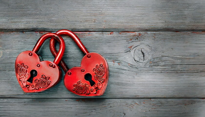 Dwie połączone ze sobą czerwone kłódki w kształcie serc na szarych deskach. Motyw miłości, związku, Walentynkowe tło - obrazy, fototapety, plakaty