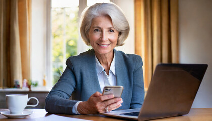 Seniorka korzystająca z laptopa i smartfona