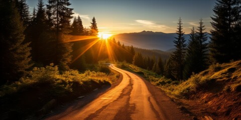 Obraz premium A winding road through a forested mountain area at sunset.