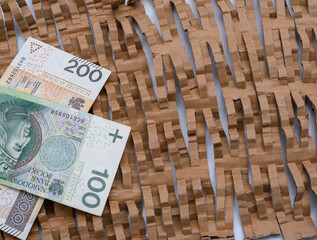 Papierowy wypełniacz do paczek z naciętej tektury polskie pieniądze obok - obrazy, fototapety, plakaty
