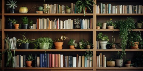 Modern bookshelf with an assortment of plants and books in a cozy setting. - obrazy, fototapety, plakaty