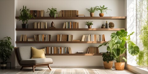 Modern bookshelf with an assortment of plants and books in a cozy setting.