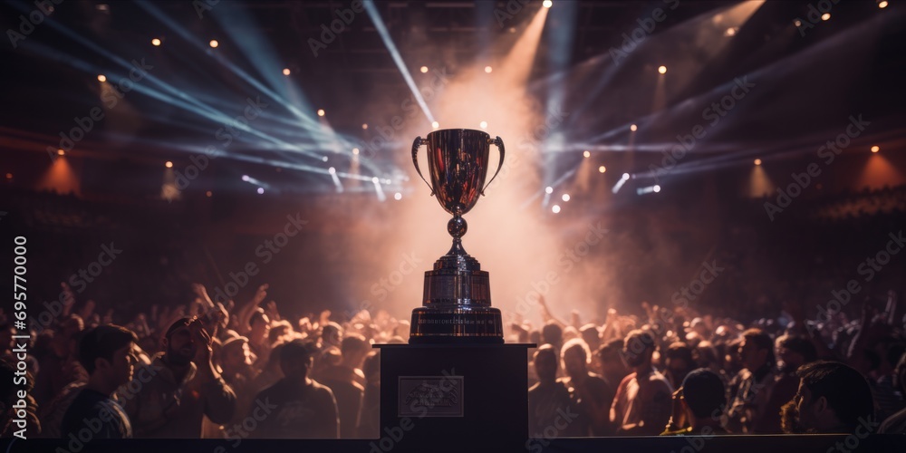 Poster trophy on a stage with dynamic lighting and a crowd in the background.