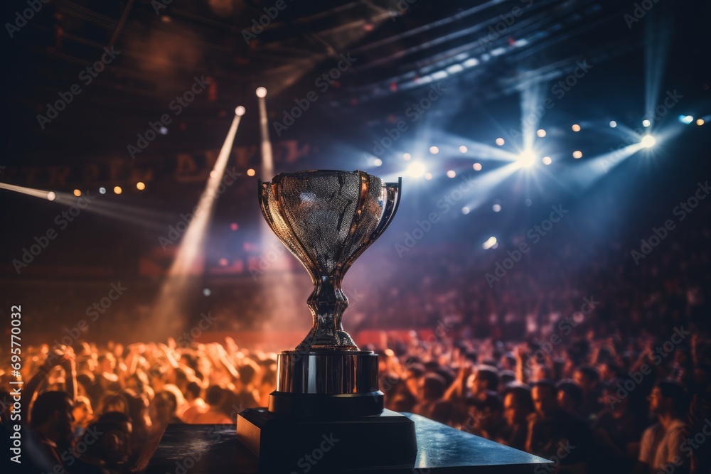 Poster trophy on a stage with dynamic lighting and a crowd in the background.