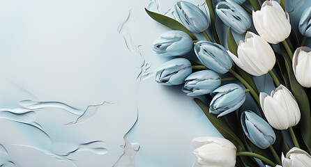 Captivating composition showcases stunning assortment of blue white tulips on plaster backdrop. Perfect mockup for spring celebrations, heartfelt Mothers Day greetings, wedding commemorations