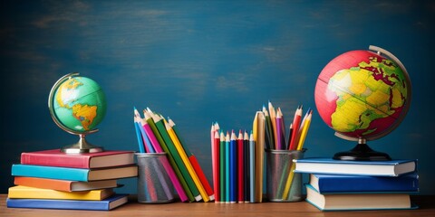 Classic educational setup with globes, books, and colored pencils on a teacher's desk.