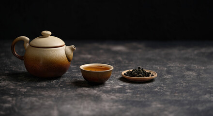 clay teapot, cup and plate with tea leaves on dark table abstract background. Asian culture cuisine...