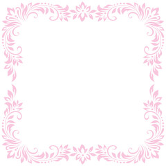 Square vintage frame, border of pink stylized leaves, flowers and curls on white background. Vector delicate backdrop, wallpaper