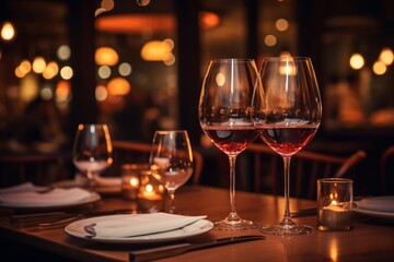 Cozy restaurant setting with wine glasses on tables and warm ambient lighting.