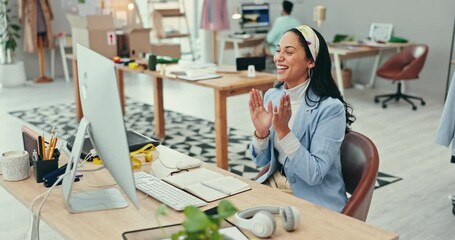 Fashion designer, woman winning and computer for success in logistics, startup business goals and e commerce sales or profit. Happy worker clapping, yes and celebration of news for online shop order