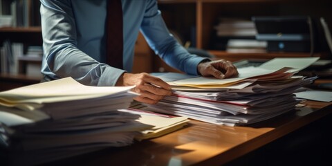 Close-up of a business professional's hands organizing a stack of paperwork on a desk.