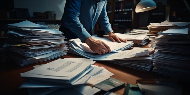 Close-up Of A Business Professional's Hands Organizing A Stack Of Paperwork On A Desk.