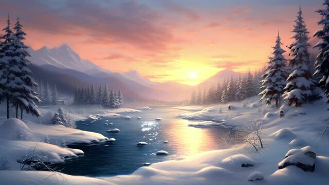 sunrise view amidst snow mountains and frozen rivers, loop video background animation, cartoon anime style, for vtuber / streamer backdrop