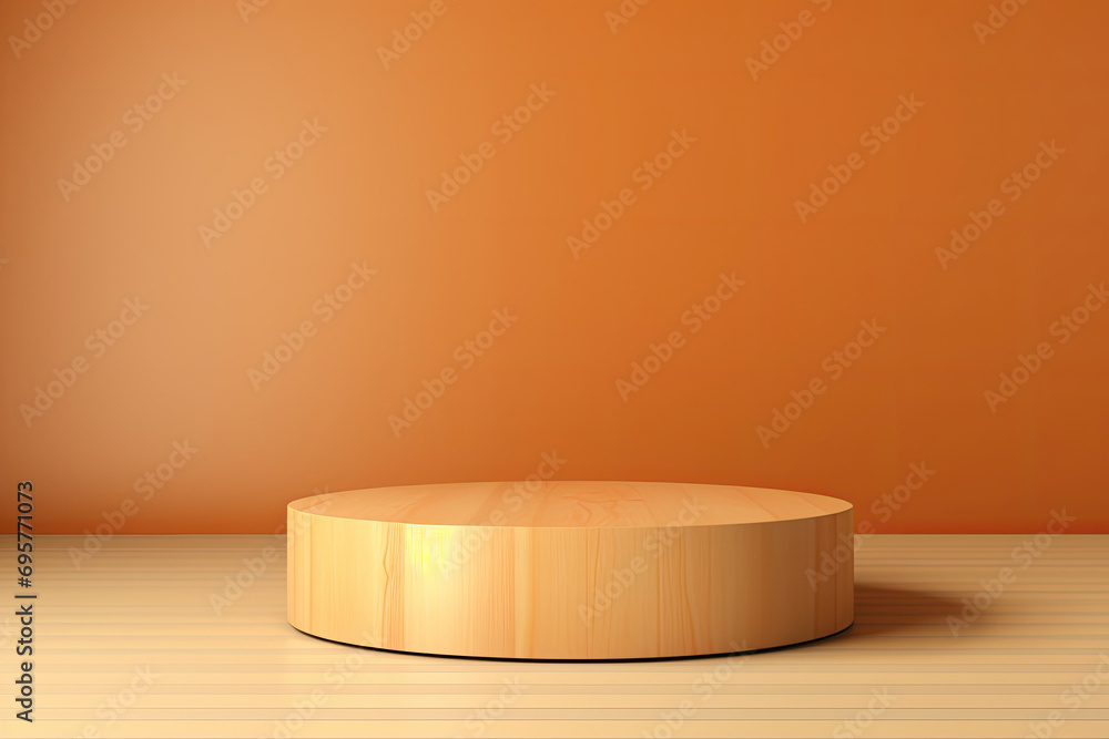 Poster neutral pine-colored display stand in an unadorned setting for showcases