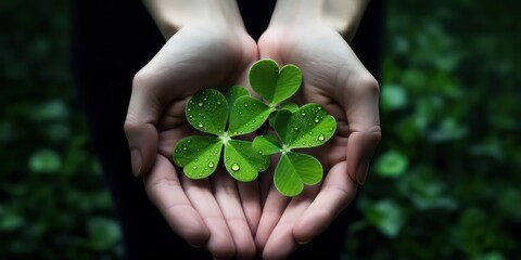 Embrace the symbol of good luck with hands holding a four-leaf clover, a lucky shamrock. - obrazy, fototapety, plakaty