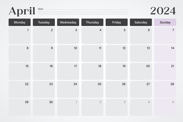 April 2024 calendar or desk planner in soft gray and purple colors with empty note lines, weeks start on Monday, vector illustration design