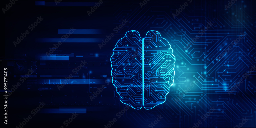 Wall mural 2d illustration concept of thinking, background with brain, abstract artificial intelligence. techno - Wall murals