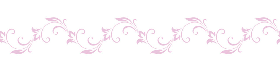 Edging, ribbon, border of of pink stylized stems, leaves, flowers and curls in flat retro style. Vector delicate seamless pattern, ornament, decorative element, decoration