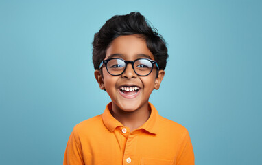 cute little boy wearing eyeglasses and giving shocking expression - obrazy, fototapety, plakaty