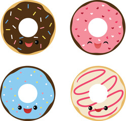 Set of four cute smiling donuts