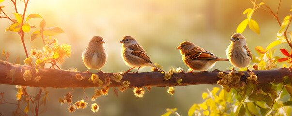 Flock of tree sparrows on the branch in a garden