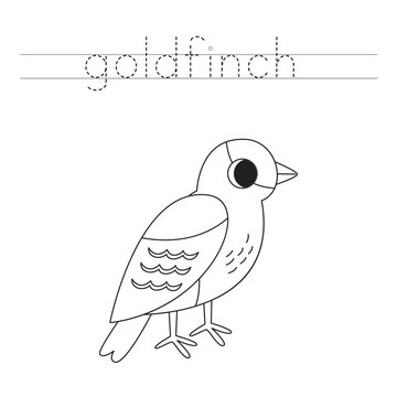 Trace the letters and color cartoon goldfinch bird. Handwriting practice for kids.