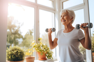 Senior Caucasian woman doing exercise with dumbbell at home - obrazy, fototapety, plakaty