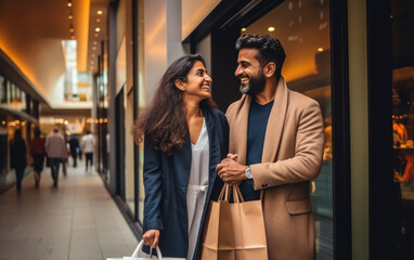 Happy indian couple enjoying shopping together. - obrazy, fototapety, plakaty