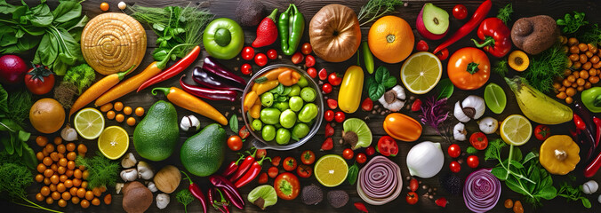 Flatlay of various vegetables and fruits - obrazy, fototapety, plakaty
