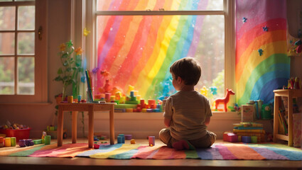 A child sits peacefully in a room full of colorful toys, gazing out of a window where light casts a rainbow glow