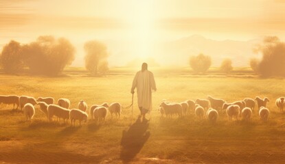 A bible jesus shepherd with his flock of sheep during sunset. Generative AI - Powered by Adobe