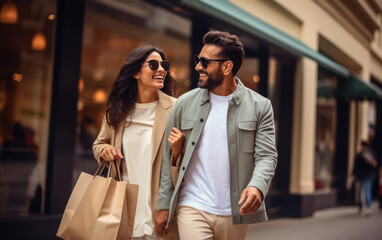 Happy indian couple enjoying shopping together. - Powered by Adobe