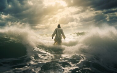 jesus christ walks on water religious concept. generative ai