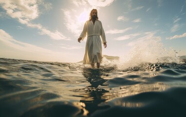 jesus christ walks on water religious concept. generative ai - obrazy, fototapety, plakaty