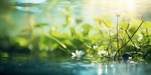 Abstract and blurred natural background featuring water and plant.