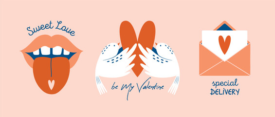 Happy Valentine's Day to illustrations. Cute cartoon clip arts with open mouth and tongue out, white doves with heart, open envelope with love letter. Romantic badges with birds, greetings, lettering.