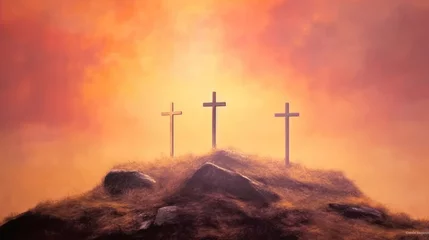 Foto op Plexiglas crucifixion of jesus christ at sunrise three crosses on hill. generative ai © sticker2you