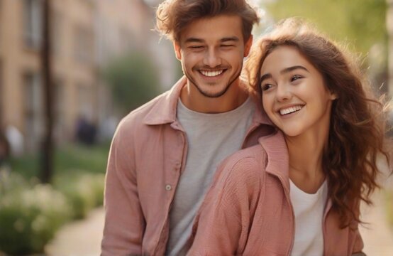  Image of happy young loving couple walking outdoors while hugging from AI Generated