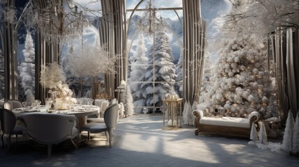 gran salon decorado con árbol de navidad con grandes ventanales con vistas a un bosque nevado, Generative AI