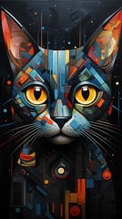 an artistic and abstract representation of a cat’s face, filled with vibrant shapes and colors, featuring large, yellow eyes and a dark background with vertical lines.